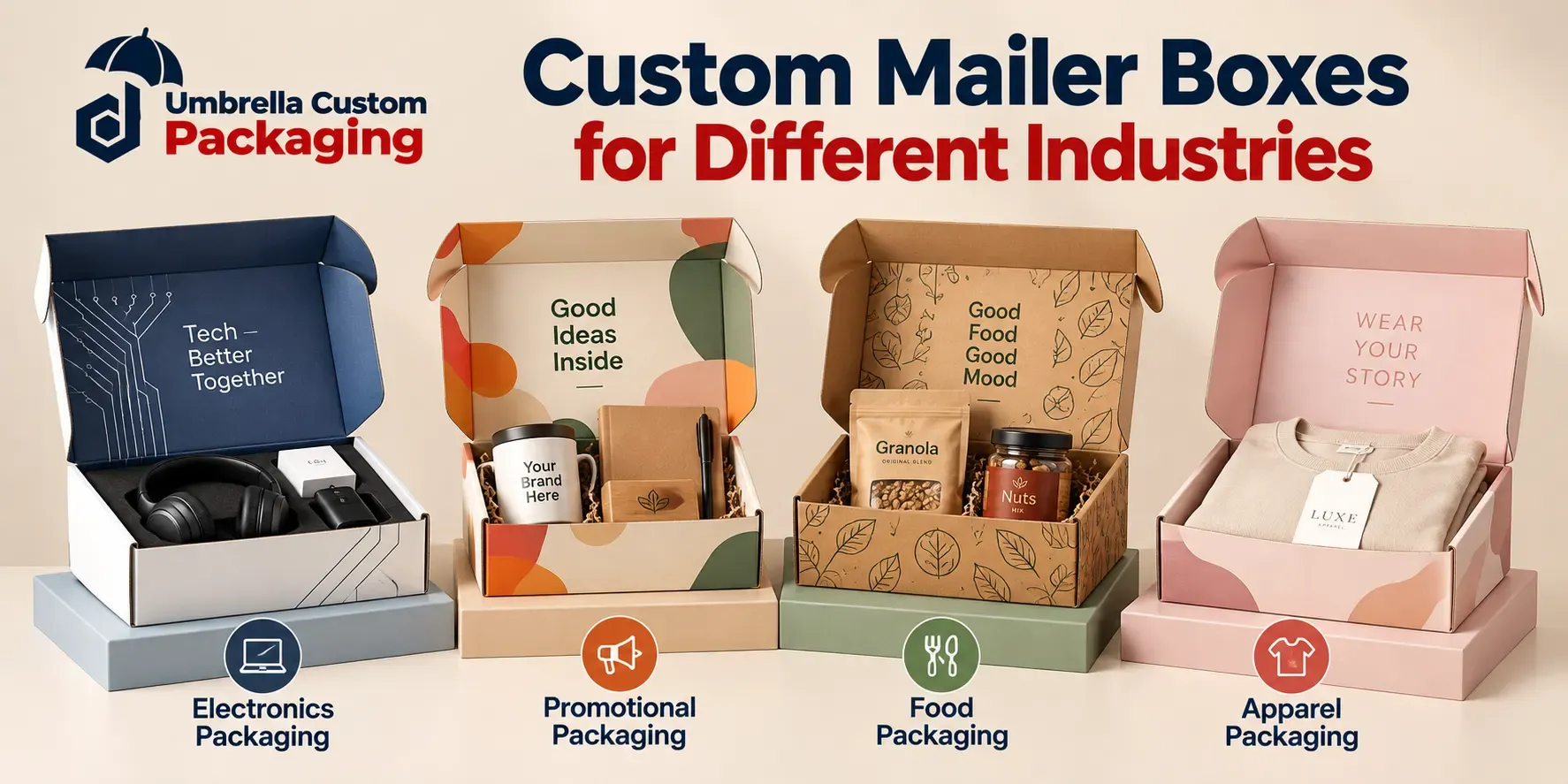 Custom mailer boxes used for e commerce, subscription boxes, cosmetics, clothing, gifts, food packaging, and electronics